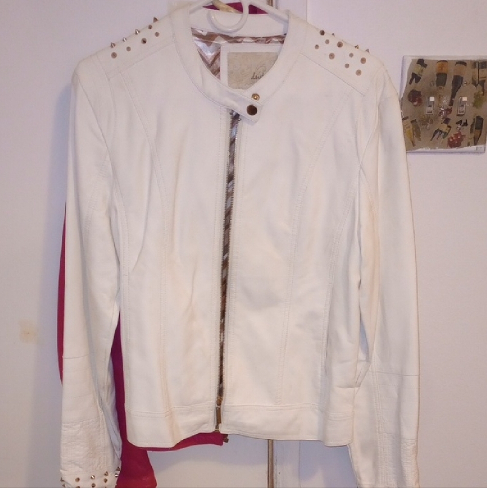 Daytrip Ivory Leather Jacket with Studded Shoulders